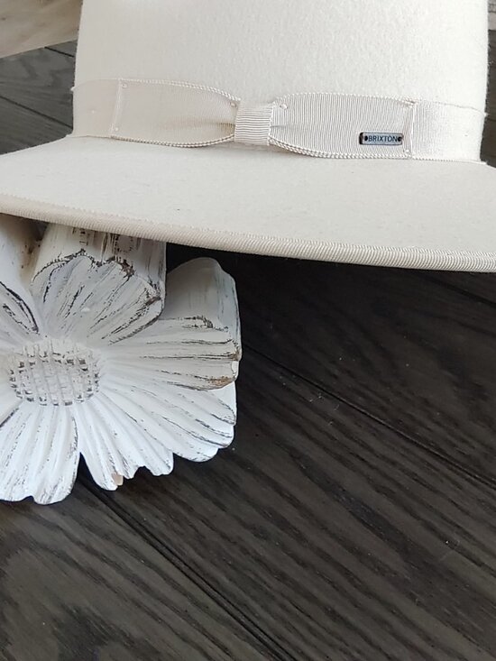 Brixton Hat Fedora Wool Felt Wide Brim Rancher Dove White Ribbon Band Bow Size M